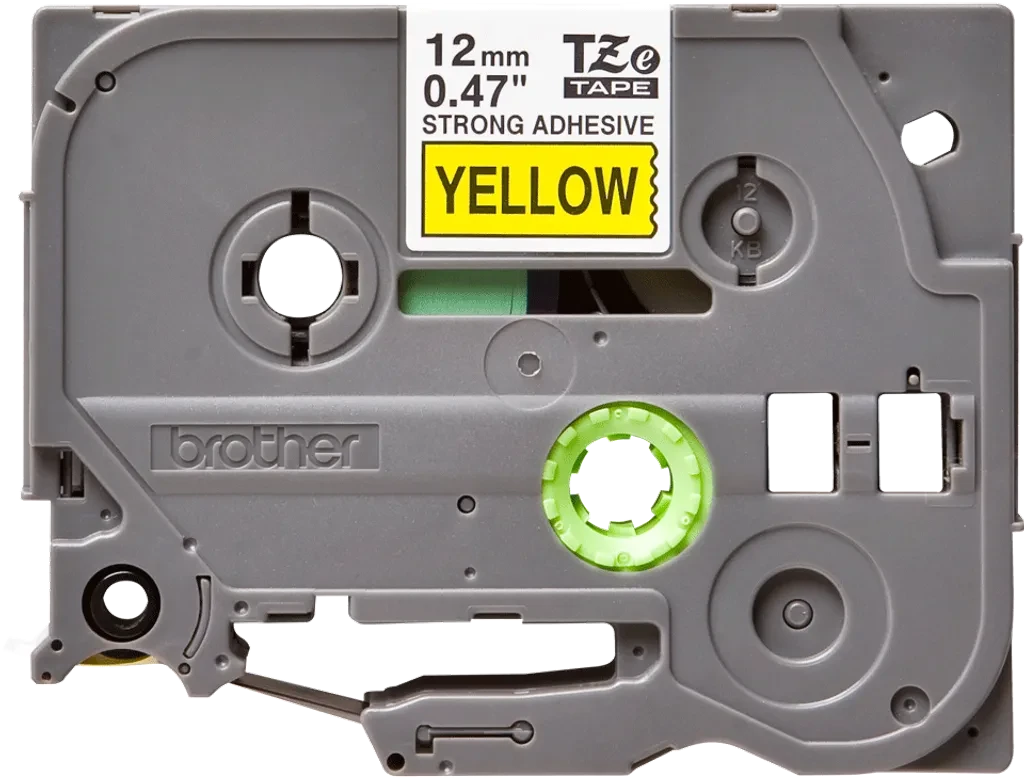 TZeS631. Cinta BROTHER E-P 12mm Negro en Amarillo 8mt p/PT-H110 Extra-Pegamento