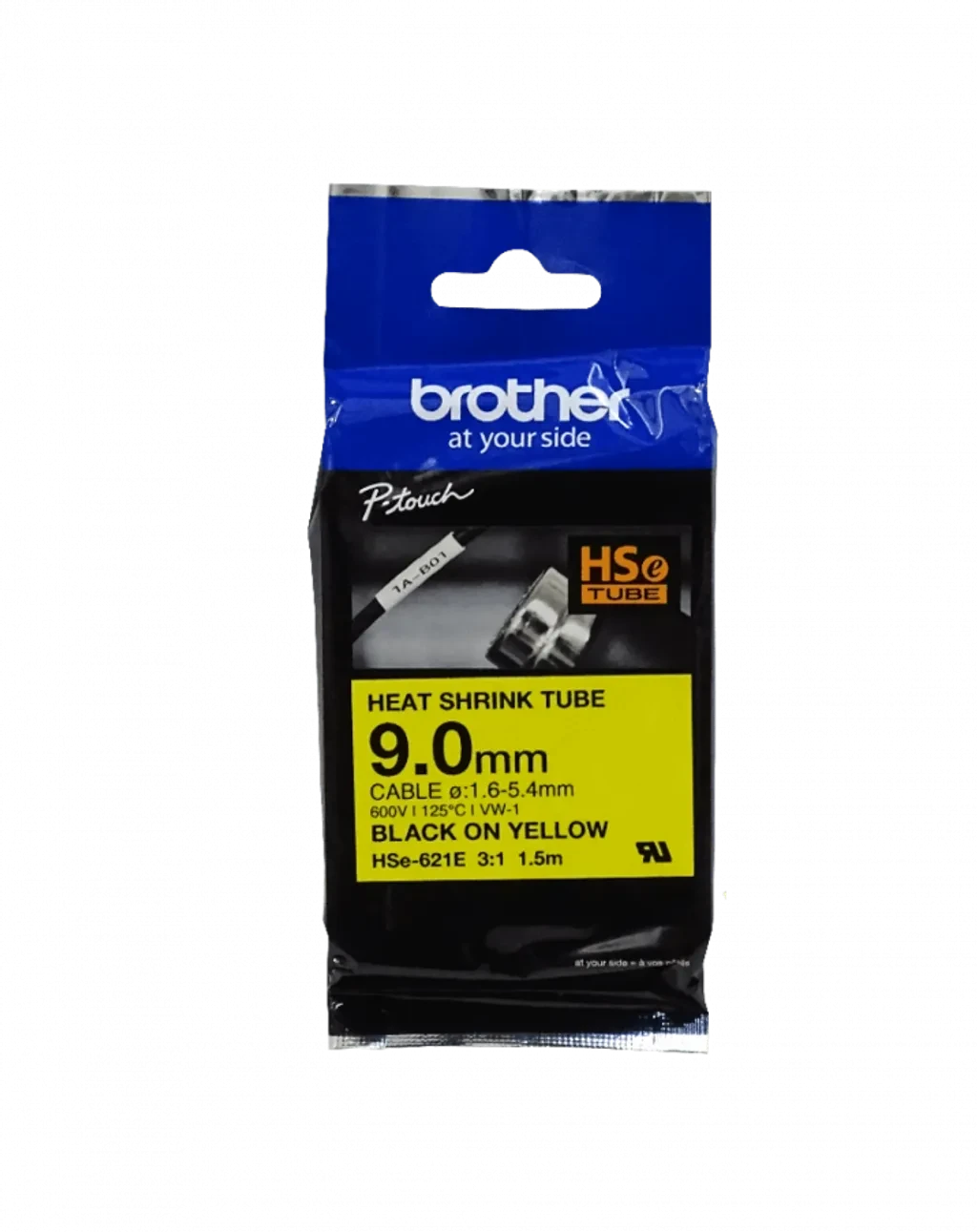 HSe621e. Tubo BROTHER 9,0mm Am Termo retráctil 1,6-5,4mm Negro en Amarillo de 1,5mt